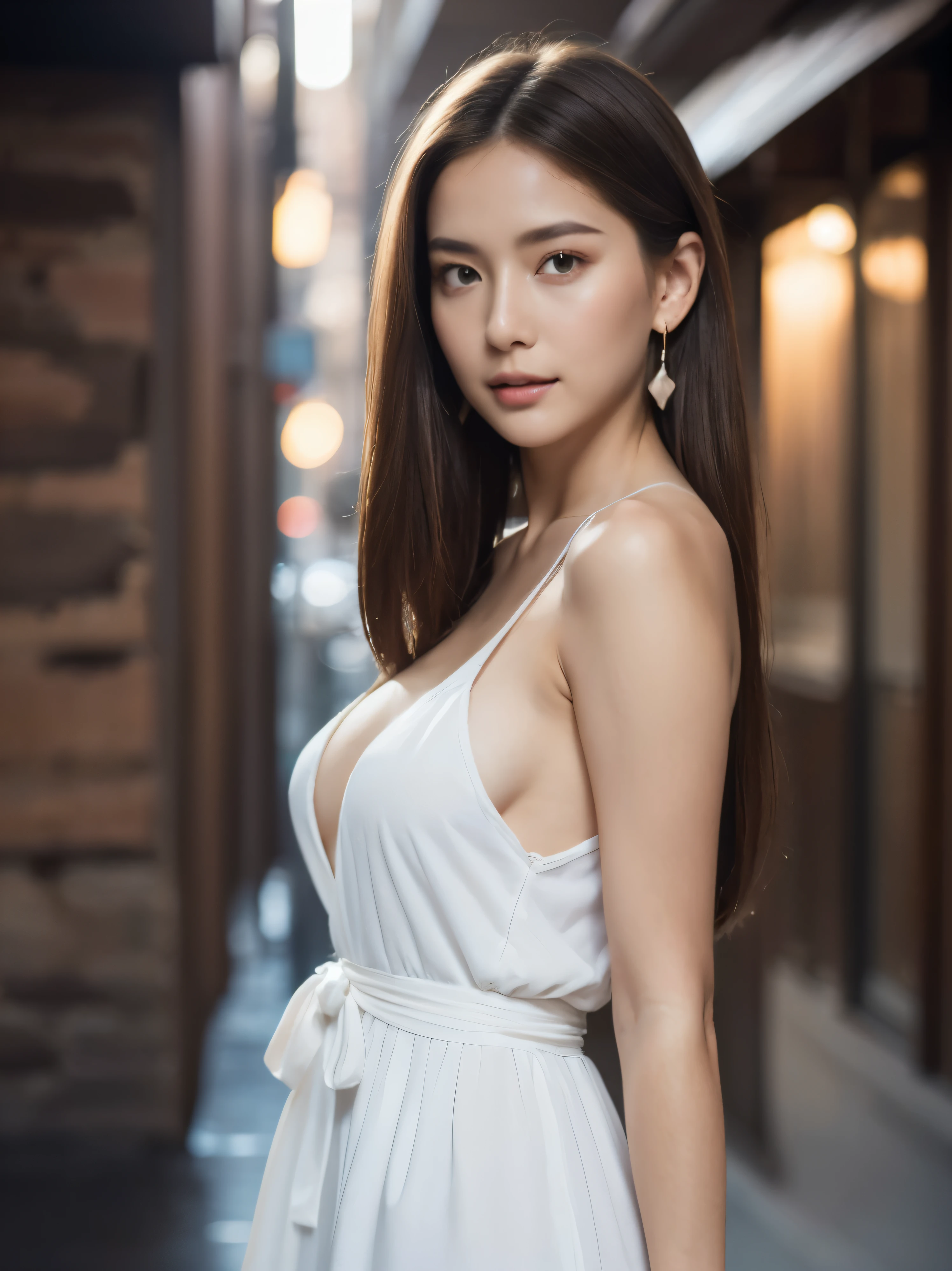 Random pose, (very delicate and beautiful work), (Masterpiece), 1 girl, The young woman was not wearing a shirt or pants.,full body, very detailed, Leaky waist, twisted ponytail, Attractive appearance, beautiful clear eyes, green eye pupil, delicate necklace, delicate earrings, Angel Ears, simple blurred background, คําอธิบายของvery detailed, beautiful, charming, Very detailed drawings, delicate face, delicate shape, thin collarbone, ริมฝีปากbeautiful, beautiful breasts, The back is soft., Mix 4, (8ก, raw photos, best quality, Masterpiece: 1.2), (realistic, photorealistic: 1.37), 1 girl,full body, cute, city scenery, nighttime, rain, wet, professional lighting, Photon mapping, Radiation, Physical rendering, (beautiful little hard 1.1), (Saw the head of the nipples in the dress.: 1.4), white skin