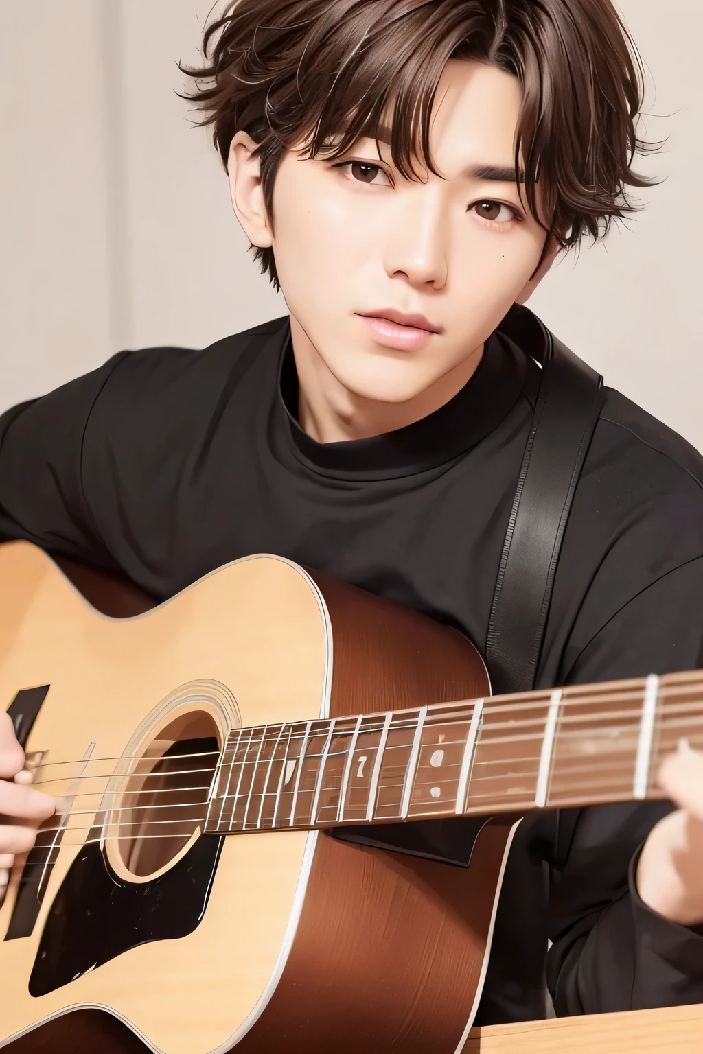 1 person、high quality，masterpiece，8K, (head shot),、black shirt、guitar、、、、(brown messy hairstyle)、、、、、