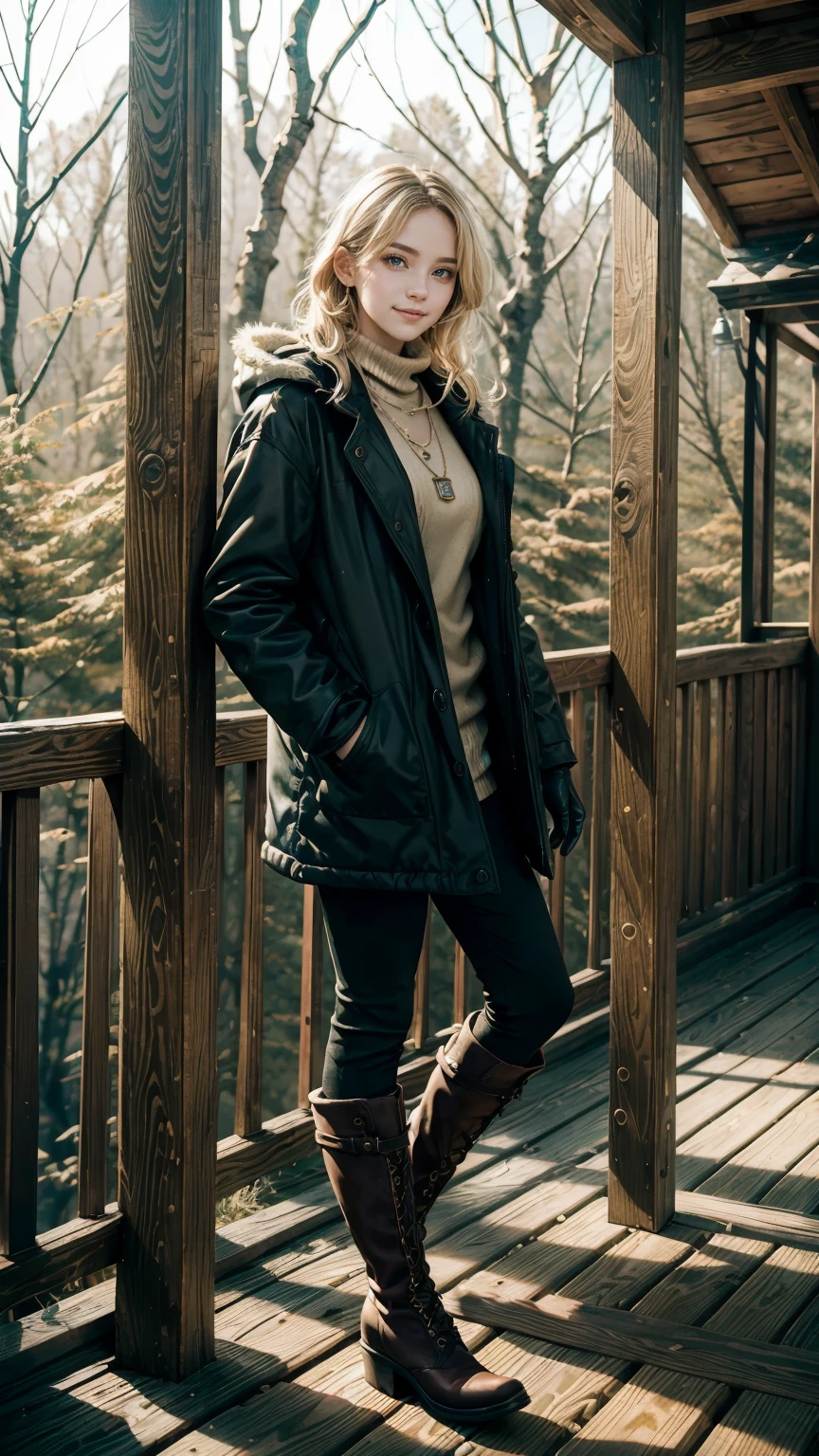 25-year-old Caucasian woman、Blonde gradient color、Eye color is blue、medium long hair、hair is wavy、wearing accessories on the wrist、Wearing a necklace、high resolution、Fine skin、smile、wearing a high neck sweater、Wearing a duffel coat、I&#39;m wearing warm pants、I&#39;m wearing warm boots、I&#39;m on the terrace of a cottage in a snowy forest.、I&#39;m wearing mitten gloves、I&#39;m wearing a muffler、Exhaled breath is white