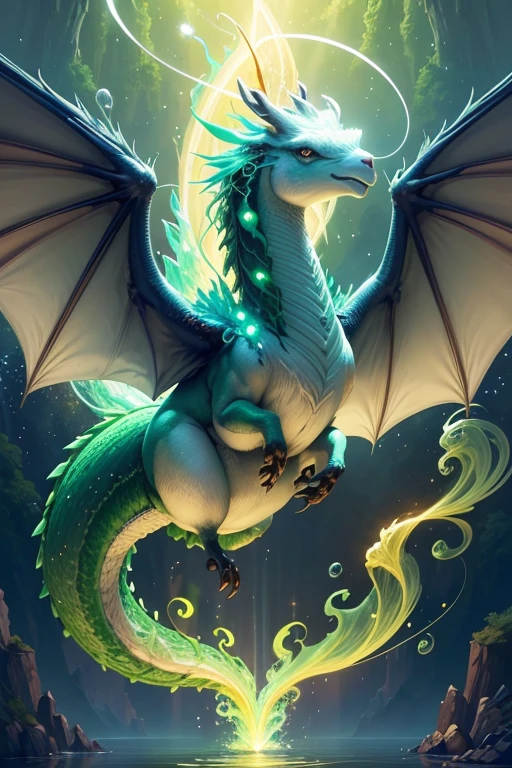 <lora:FaeTech-30:0.8>, faetech ,scifi, pixie dust, iridescent, a dragon guards a hidden treasure,