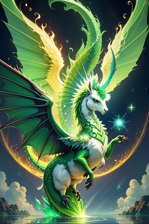 Generated spiritual illustration of green dragon with wings, Incorporation of energy elements, aura, Onda, particles, and harmony. Incluye elementos naturales como escalas, llamas, and water to enhance the mystical experience.