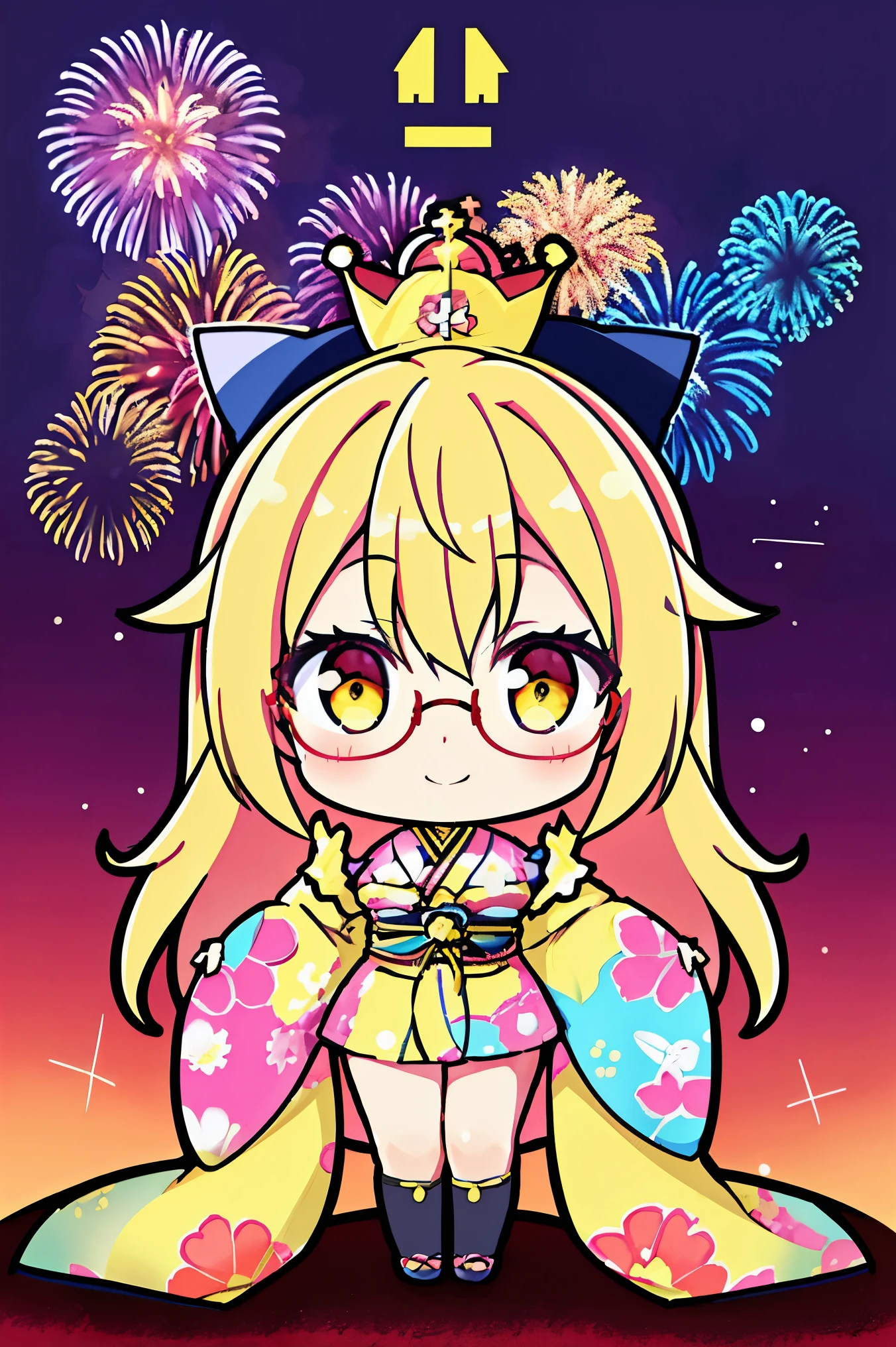 "anime girl, 1 person, bright blonde hair, yellow eyes, glasses, crown on head, female kimono, yellow kimono with black trim with intricate patterns, big breasts, long stockings, standing cross-legged, angle view from different directions, solo, chibi,full body,smiled gently, blushing, festival, night, New Year's Eve fireworks, watching fireworks (full HD 4K+ image)"