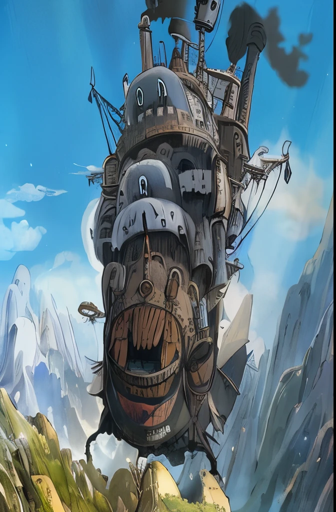 Alafed Castle in the Sky,The background is a mountain, howls Moving Castle, howl's Moving Castle, howl’s Moving Castle, Moving Castle, Studio Ghibli of Greg Rutkowski, miyazaki's animated film, Studio Ghibli Project, In Studio Ghibli animation, studio ghibli art, Hayao Miyazaki, studio ghibli sky, From Studio Ghibli