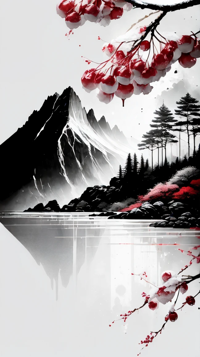 (white background:1.3), scenery, cherries in the snow, iced water, trees, ink