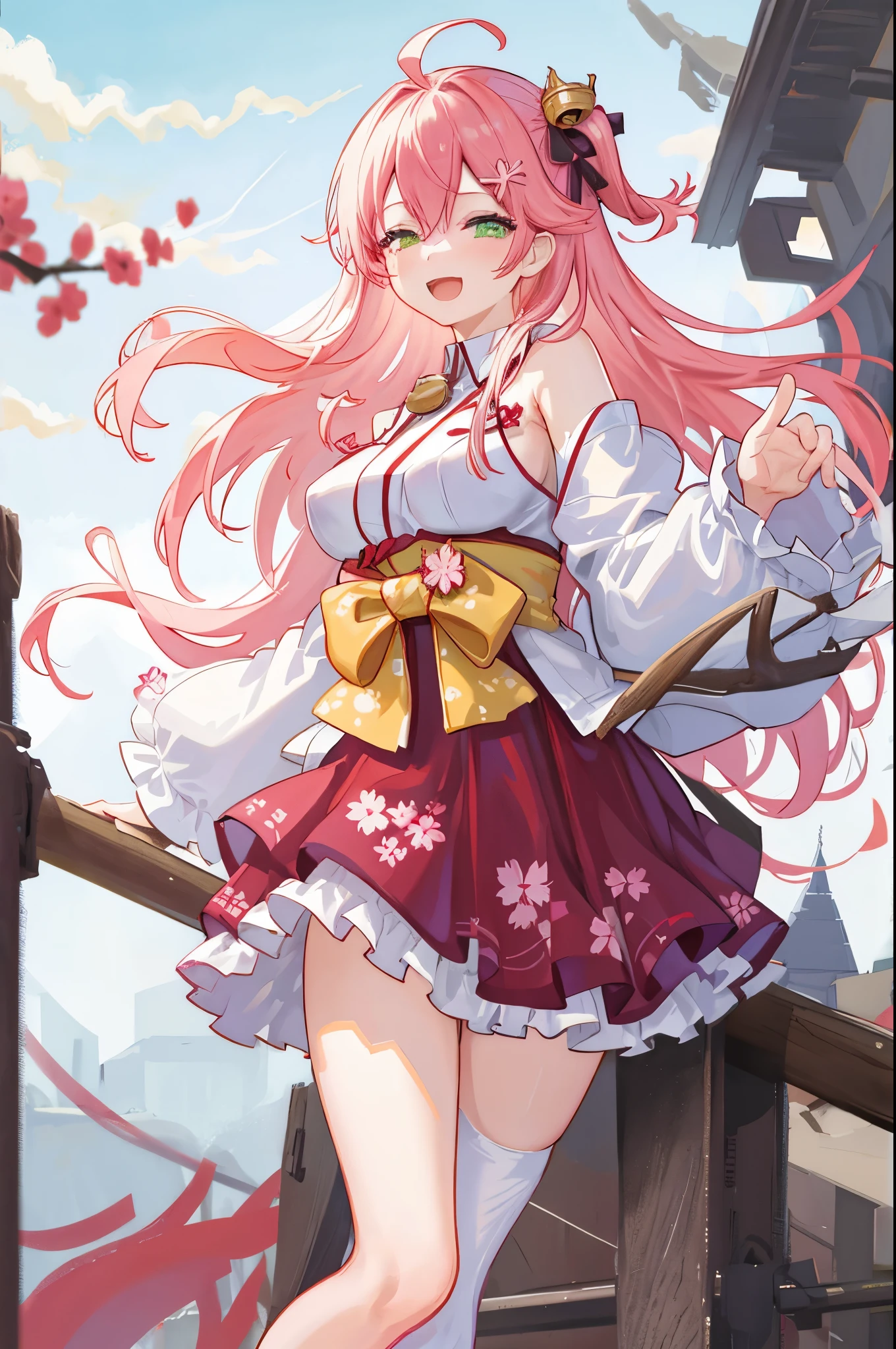 masterpiece, best quality, highres, sakura_miko, 1girl, (:1.3),medium_breasts, kimono, solo, ahoge, x_hair_ornament, pink_hair, floral print, hairclip,(side_less_clothes:1.3), (side_breasts:1.3), hair_bell, floral print, long_hair, hair between eyes, one side up, white_thighhighs, wide sleeves, open_mouth,(happy:1.3),green_eyes,smile,apart_legs,(overly_long_sleeves:1.3),),sleeves_past_wrists,hands_hidden_sleeves,sidelock_clothes,solo,hidden_wrists,(XD:1.5),covered_nipples,sunlight,(bare_flank:1.3),boots,open_mouth,kimono,close_eyes,.