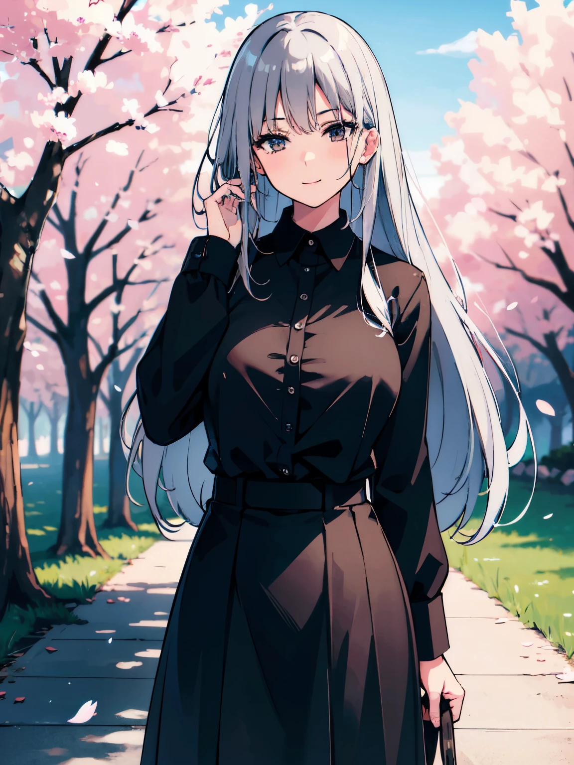 gray hair, long hair, wearing plain black shirt, long skirt, cherry blossom trees in background, absurdres, high res, ultrasharp, 8K, masterpiece, mature, detailed, sharp detailed black eyes, height = 165cm, medium breast, smile