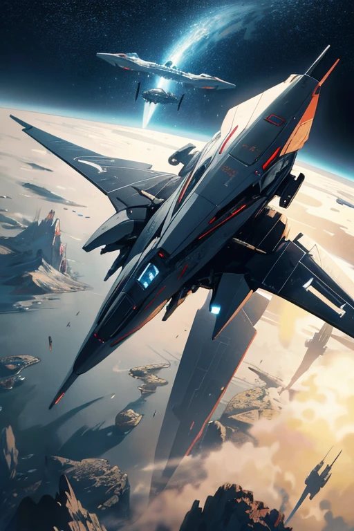Science fiction,science fiction painting style,Cinematic feeling,balanced composition,highres,best quality,highly detailed,a spaceship flying in the air,metallic luster,streamlined spaceship,future science fiction design,desolate alien planet,rock,sandstorm,from above,[satellite in high altitude],[satellite with halo],many stars,bioluminescence,transparent,