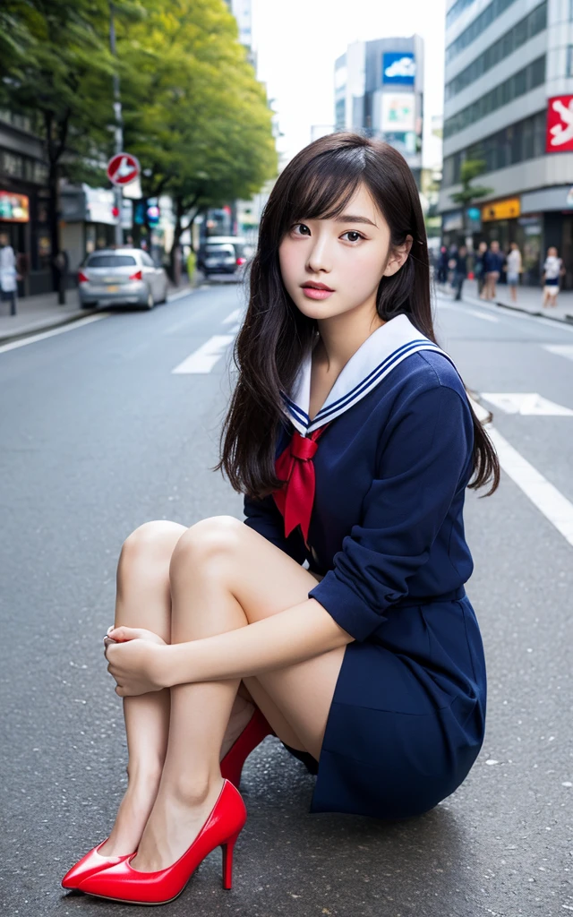 Highly detailed CG Unity 8K wallpaper, highest quality, Super detailed, masterpiece, realistic, photo realistic, Very knowledgeable cute girl, girls,13 years old, round eyes, viewer, blush, parted lips, full body shot ,
navy blue sailor uniform ,((bright red stiletto pumps)), Intersection in Shibuya, Sitting on a man