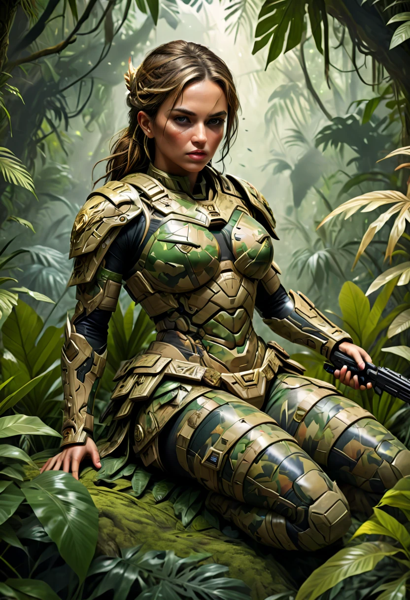 Female warrior, camouflage attire, lying in the jungle aiming, immersive in the environment, enhance, intricate, (best quality, masterpiece, Representative work, official art, Professional, 8k)