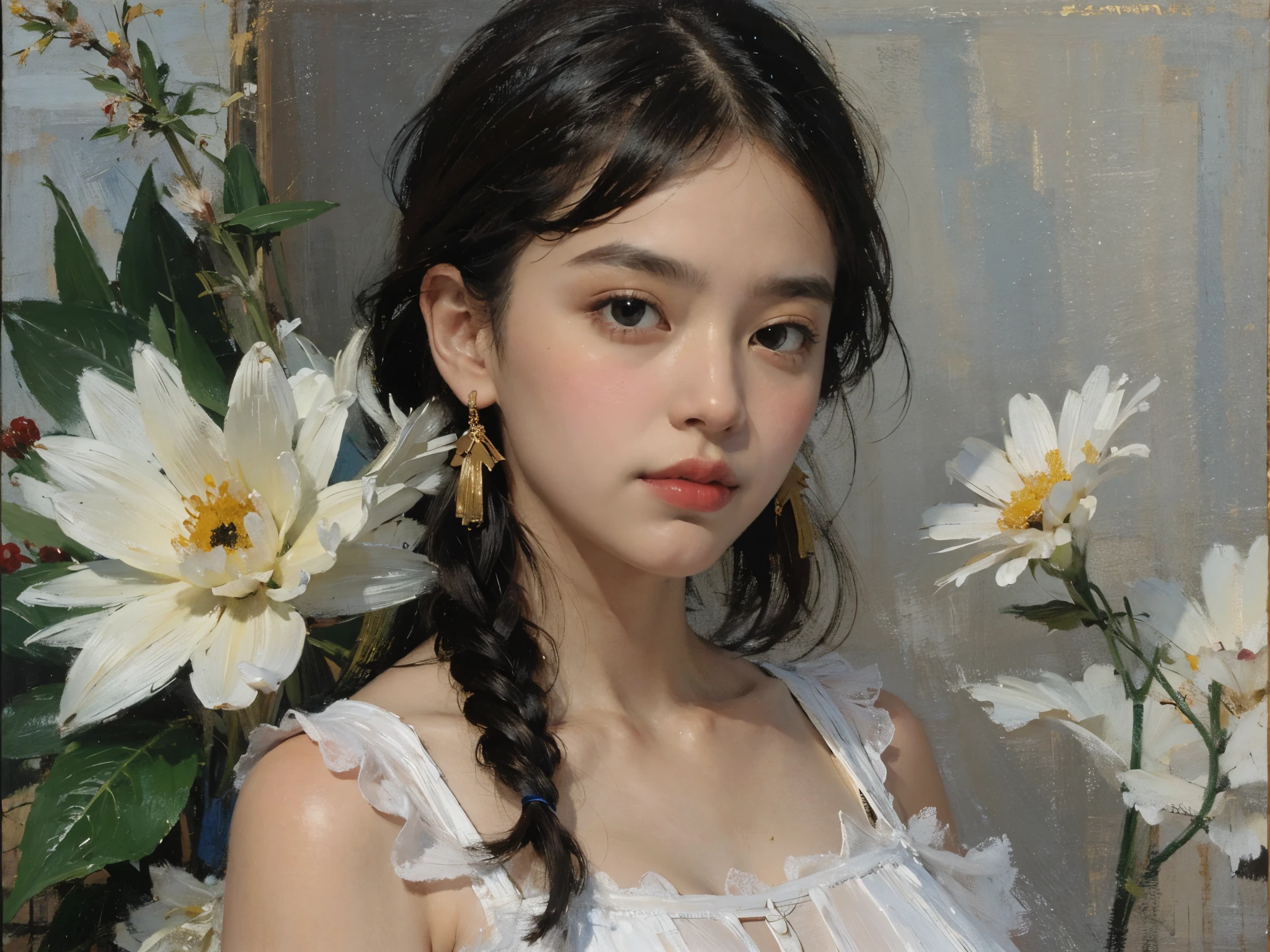 (masterpiece), (best quality), oil_painting, classical painting, 1girl, portrait, bare shoulder, dress, earth tone, flowers