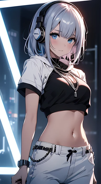 top quality、Top image quality、​Masterpiece、girl with((18 years old、Black midriff-baring short-sleeved hoodie、white pants、best bust、Bust 85、silver hair、Disturbed shortcut、blue eyes、open your mind、happiness、chain accessories、Put on your headphones、dance)）high quality、visual art、background with((Virtual live streaming))、on the table