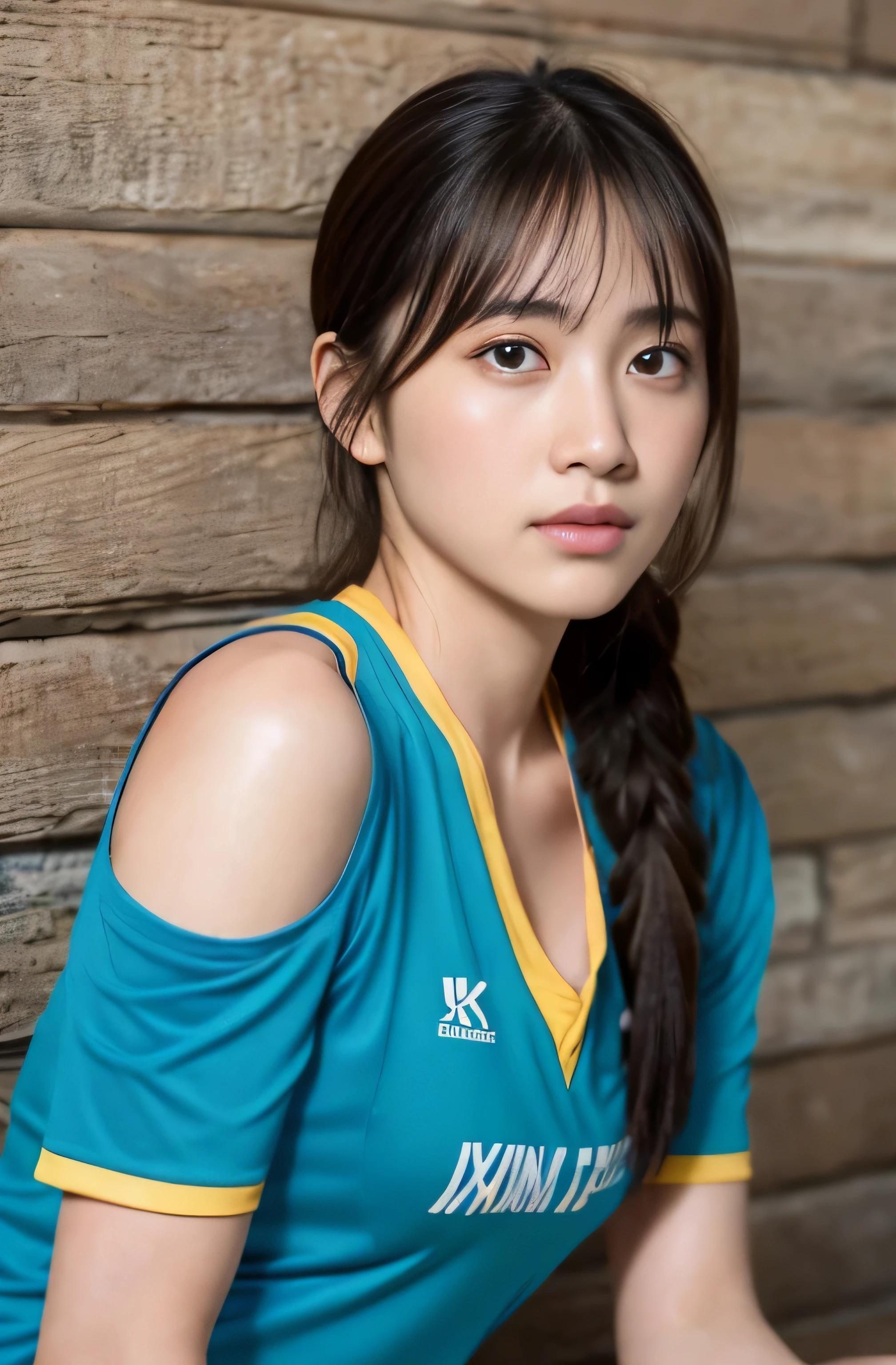 (8K, RAW photo, highest quality, masterpiece: 1.2), Super detailed, super resolution, (genuine, genuine photos: 1.37), portrait, High-definition RAW color photo, professional photos, very detailed and beautiful, very detailed, 8k wallpaper, amazing details, huge file size, official art, very detailed CG Unity 8k wallpaper, very detailed beautiful girls, very detailed faces, very fine eyes, very detailed skin, very detailed fingers, very small nose, very detailed詳細な口, very beautiful face, colorful, flat color 1 girl, Volleyball girls in the volleyball club、sweaty cheeks、adult atmosphere, exposed, beautiful belly、bangs、Stick to the wall、put your back against the wall、sit、rim light、sweaty clothes