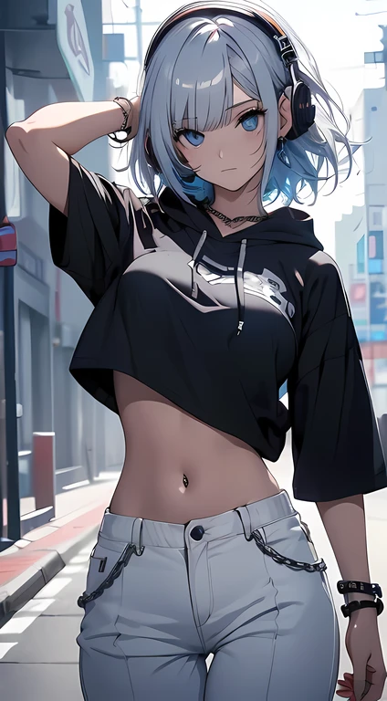 top quality、Top image quality、​Masterpiece、girl with((18 years old、Black midriff-baring short-sleeved hoodie、white pants、best bust、Bust 85、silver hair、Disturbed shortcut、blue eyes、open your mind、happiness、chain accessories、Put on your headphones、dance)）high quality、visual art、background with(space、Star々))、on the table、best graphic、Super exquisite