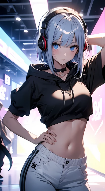 top quality、Top image quality、Masterpiece、girl with((18 years old、Black midriff-baring short-sleeved hoodie、white pants、best bust、Bust 85、silver hair、Disturbed shortcut、blue eyes、open your mind、happiness、chain accessories、Put on your headphones、dance))high quality、visual art、background with(space、Star々))、on the table、best graphic、Super exquisite