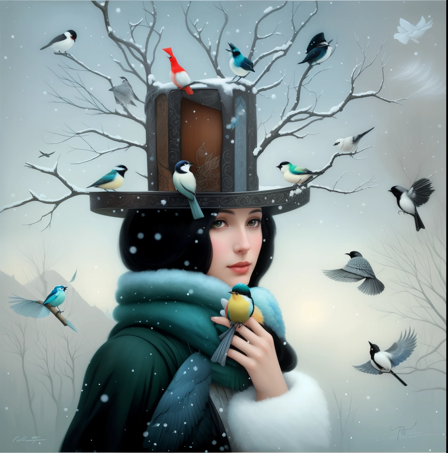 painting of a woman with a hat and a bird on her head, there are birds on her head, allegory of winter, surreal art, girl with a birdcage on her head, emotional surrealist art, breathtaking art, magical realism bizarre art, surreal and fantasy art, whimsical surrealism, trending artistic art, by Galen Dara, tom bagshaw style