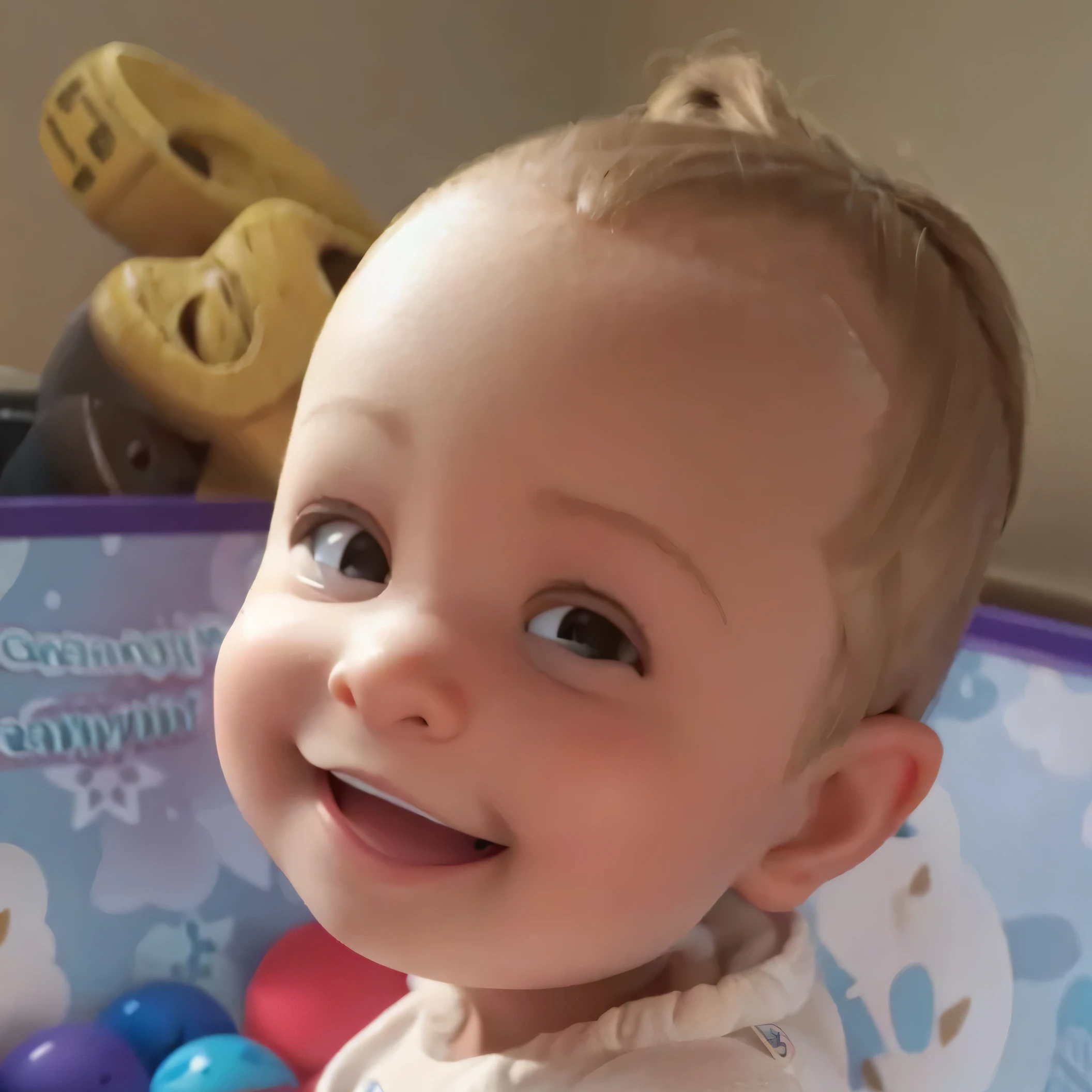 Pixar animation style, there is a 1 , Who's smiling, em uma caixa de brinquedos,, smiling and looking directly into the camera, 1614572159, sorriso levemente travesso, com pouco cabelo, your smile is innocent, Ultra HD,