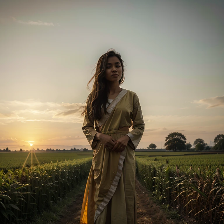 A vast, golden rice field stretches to the horizon as the morning sun bathes it in a warm glow. Farmers in traditional attire begin their day, their hands tenderly caressing the crops. Cinematic, dramatic.