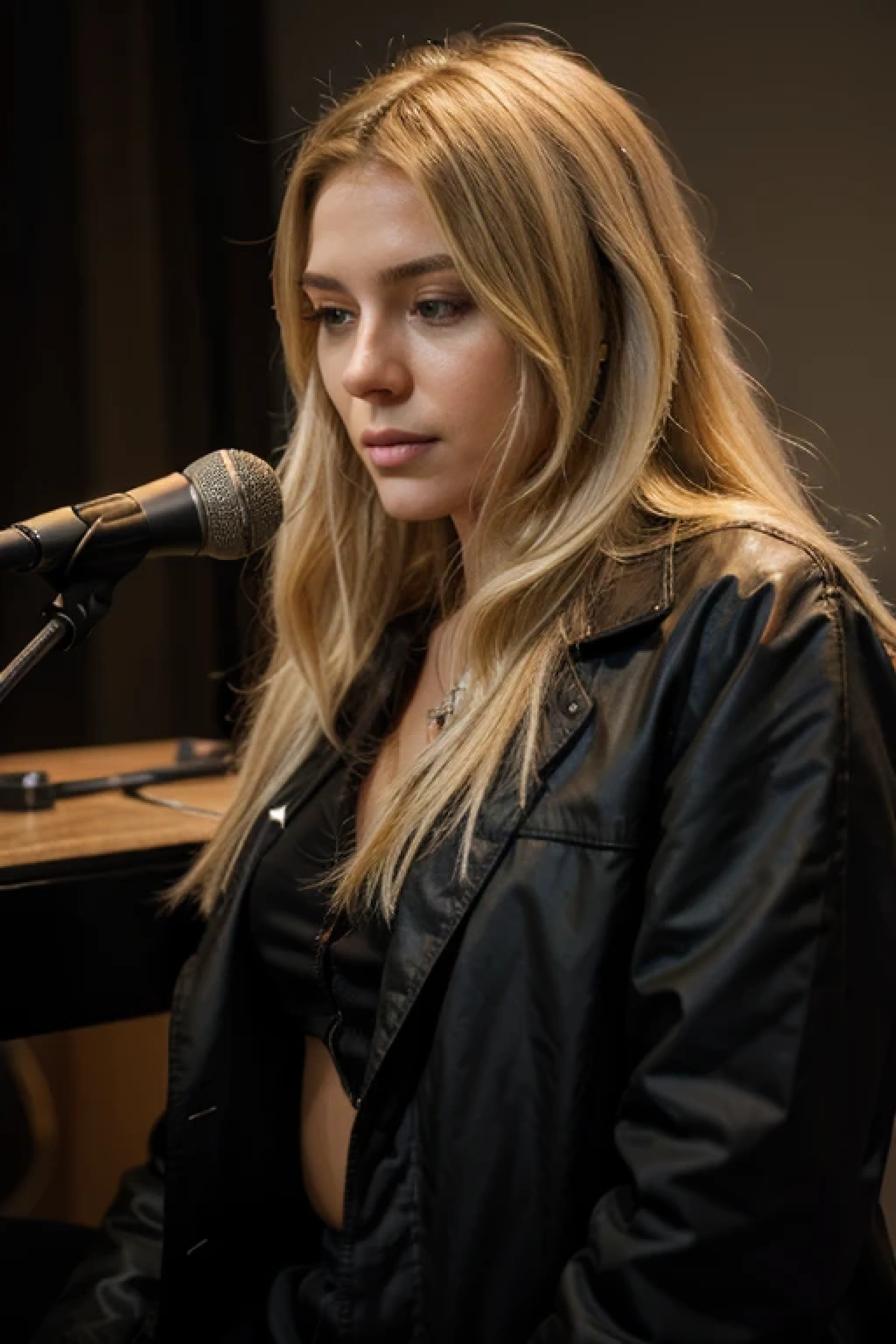 extremely high quality, realismo, female musician, black medical coat, blond hair, medium length hair