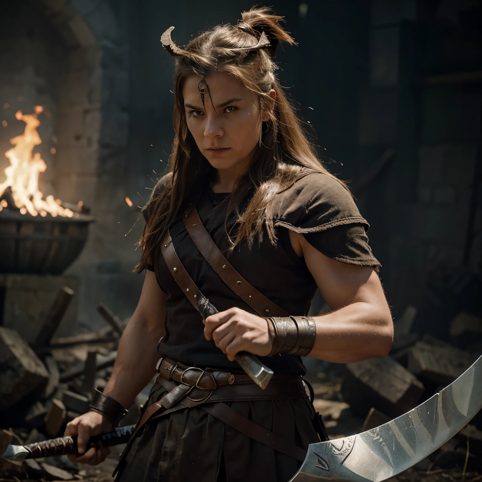 Create an image depicting a fierce Viking warrior in the midst of battle, wielding a traditional weapon like an axe or sword, with a determined expression.