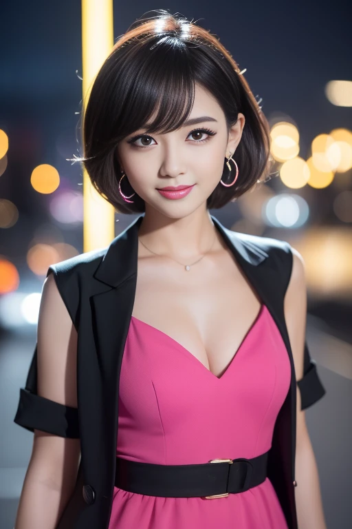 female idol、shiny lip gloss、smiling face、smoky eyeshadow、winged eyeliner、((dramatic lashes))、female business dress、colorful short hair(neon fuchsia)、conceptual art, High quality, Realistic, extremely detailed CG unified 8k wallpaper, highly detailed, High-definition raw color photos, professional photography, Cinematic Light, Beautiful detailed, Super Detail, high detail, (((Bokeh))), depth of fields, illumination, City Street, Super stylish lighting