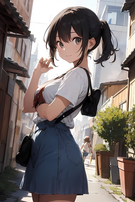 girl, solo, tresses, long eyelashes, round eyes, smile, blushing ears, braided ponytail, expressive hair, crystal hair, shiny hair, nape hair, dilated pupils, jealousy, Sparkles, veins of anger, envy, sulking, mad smiles, standing pictures, surrealism, anime, realism, colors like Ghibli, welcome to the quirky town of Funtonia. There, everything is not as it seems. In the middle of the town square, twinkling in the sun, its eyes glisten mischievously. The scene should be vibrant, colorful and filled with details that add to the humor and charm of Founto too