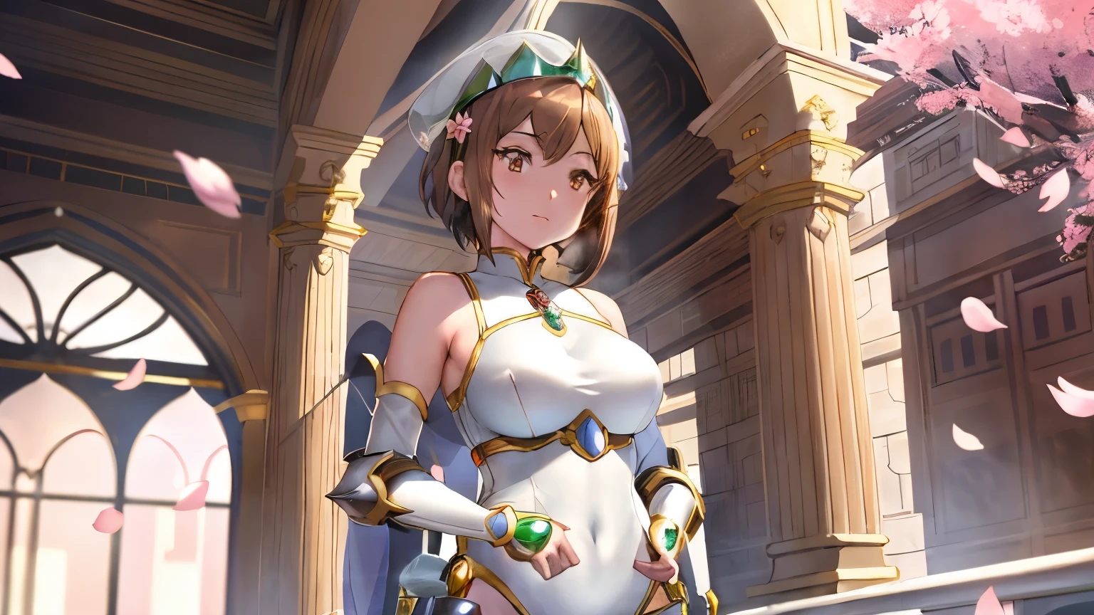 Anime girl wearing a white leotard costume with a naginata, Knight of Sodiak Girl, Sodiak Girl Portrait Knight, Short brown-haired girl, Brown-eyed girl, Chignon Cap, white cheongsam, Emerald armor, Leotard Armor Girl, 魅惑的なprincess night, anime fencer, Smooth anime CG art, sakura petals around her, shu shu anime image, princess night, medium chest, big breasts, short, beautiful girl, princess intergalactica, Crystal Emerald Armor, Emerald Princess, Emerald reflective armor, High quality anime art style,