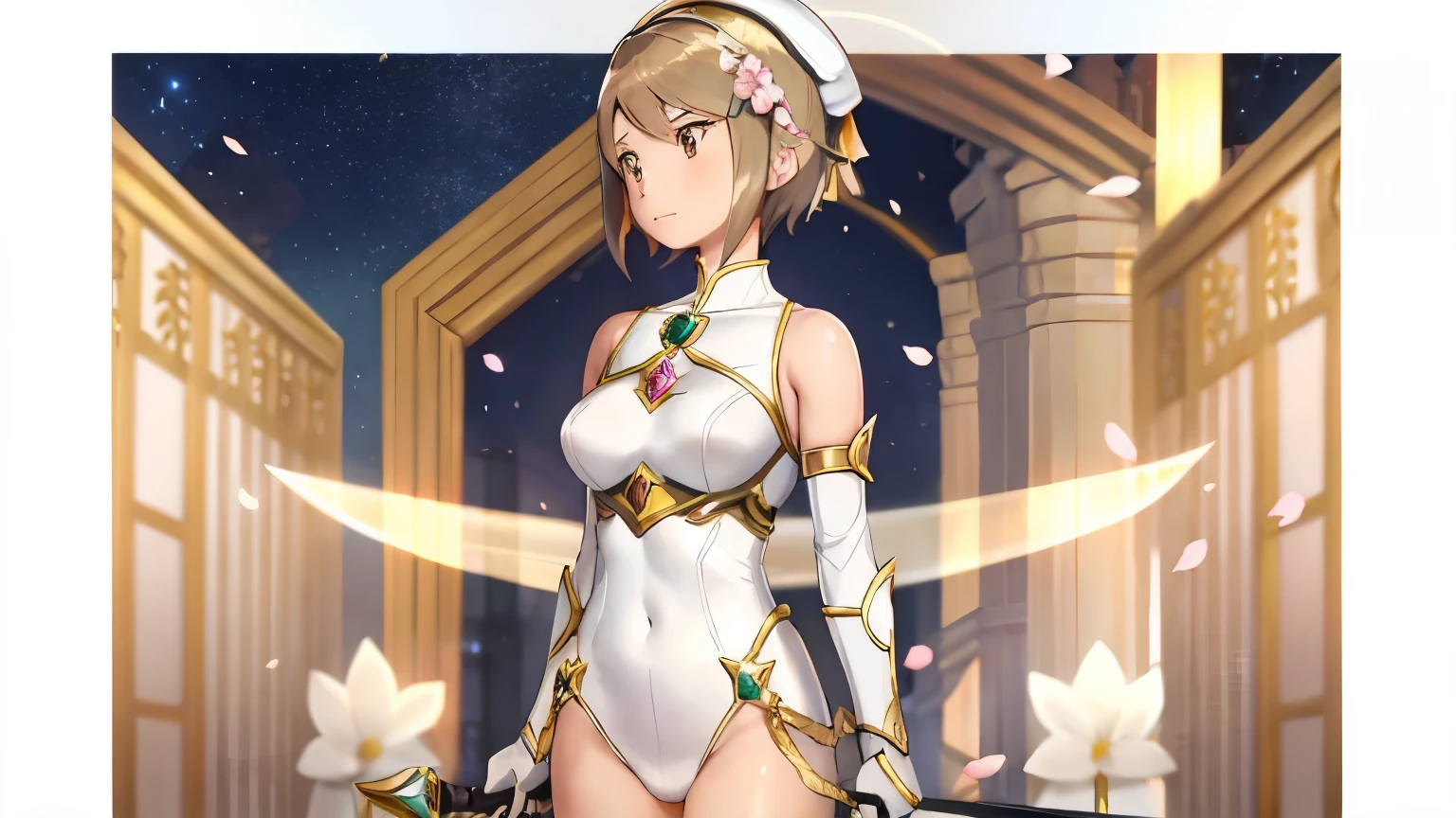 Anime girl wearing a white leotard costume with a naginata, Knight of Sodiak Girl, Sodiak Girl Portrait Knight, Short brown-haired girl, Brown-eyed girl, Chignon Cap, white cheongsam, Emerald armor, Leotard Armor Girl, 魅惑的なprincess night, anime fencer, Smooth anime CG art, sakura petals around her, shu shu anime image, princess night, medium chest, big breasts, short, beautiful girl, princess intergalactica, Crystal Emerald Armor, Emerald Princess, Emerald reflective armor, High quality anime art style,