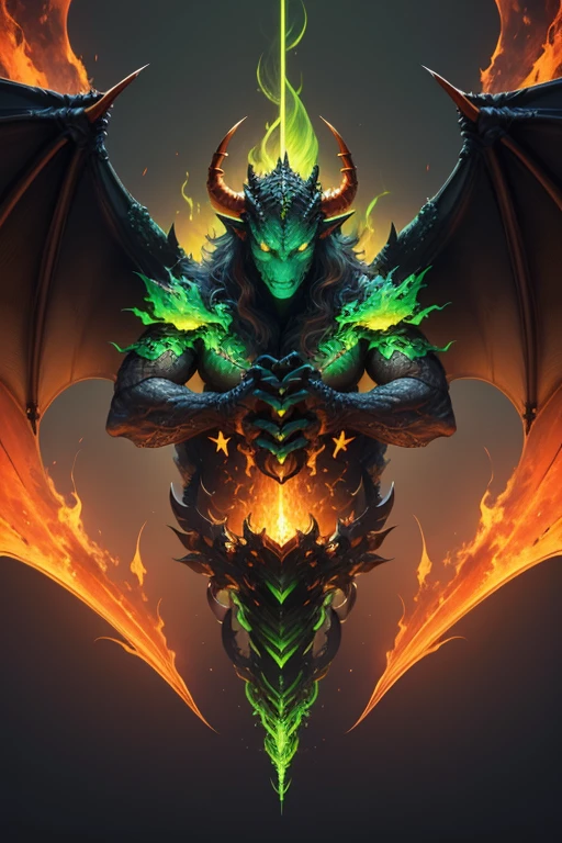 Dragon gigante con alas, verde, fuego, Incorporation of energy elements, aura, UHD, 4k, 8k, HDR, Fantasy Art, hiperrealismo, spectacular symmetry.