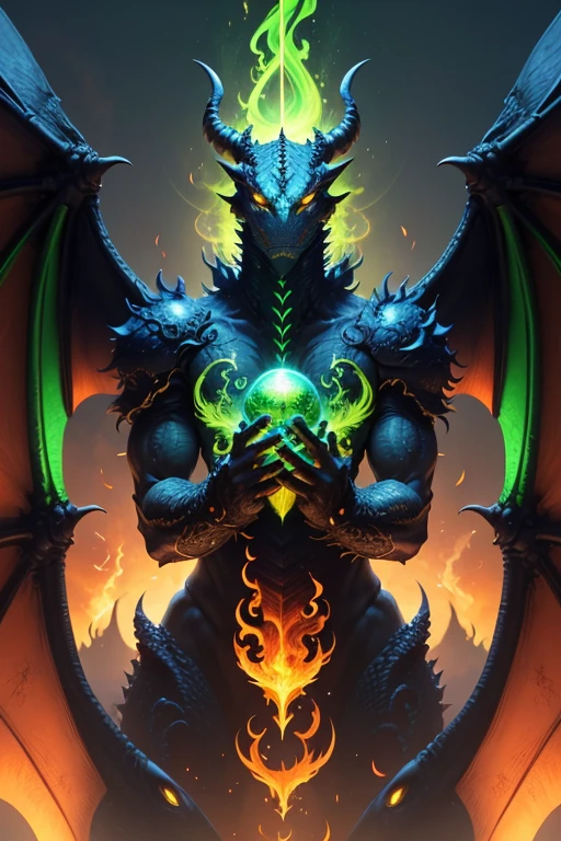 Dragon gigante con alas, verde, fuego, Incorporation of energy elements, aura, UHD, 4k, 8k, HDR, Fantasy Art, hiperrealismo, spectacular symmetry.