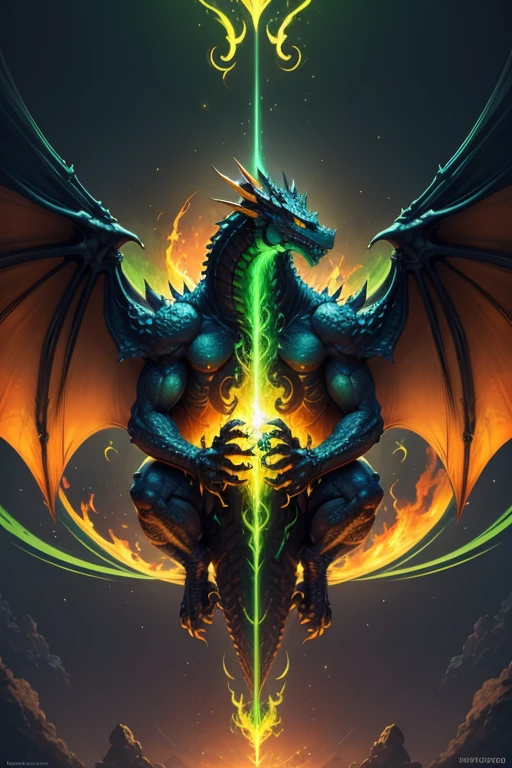 Dragon gigante con alas, verde, fuego, Incorporation of energy elements, aura, UHD, 4k, 8k, HDR, Fantasy Art, hiperrealismo, spectacular symmetry.