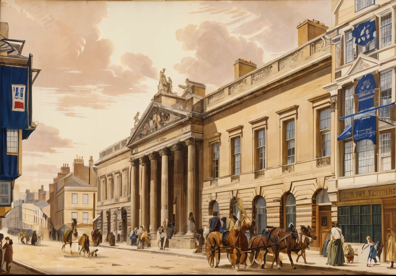 there are many people walking on the street near a building, regency-era, Nineteenth-century London, Neoclassical Police Station, 1 9 th century londres, neo classical architecture, por John Atherton, por Prince Hoare, gravura em litografia colorida, neo - classical style, estilo neoclassicismo, neo classical architecture, Direction: John Zephaniah Bell, historical art society