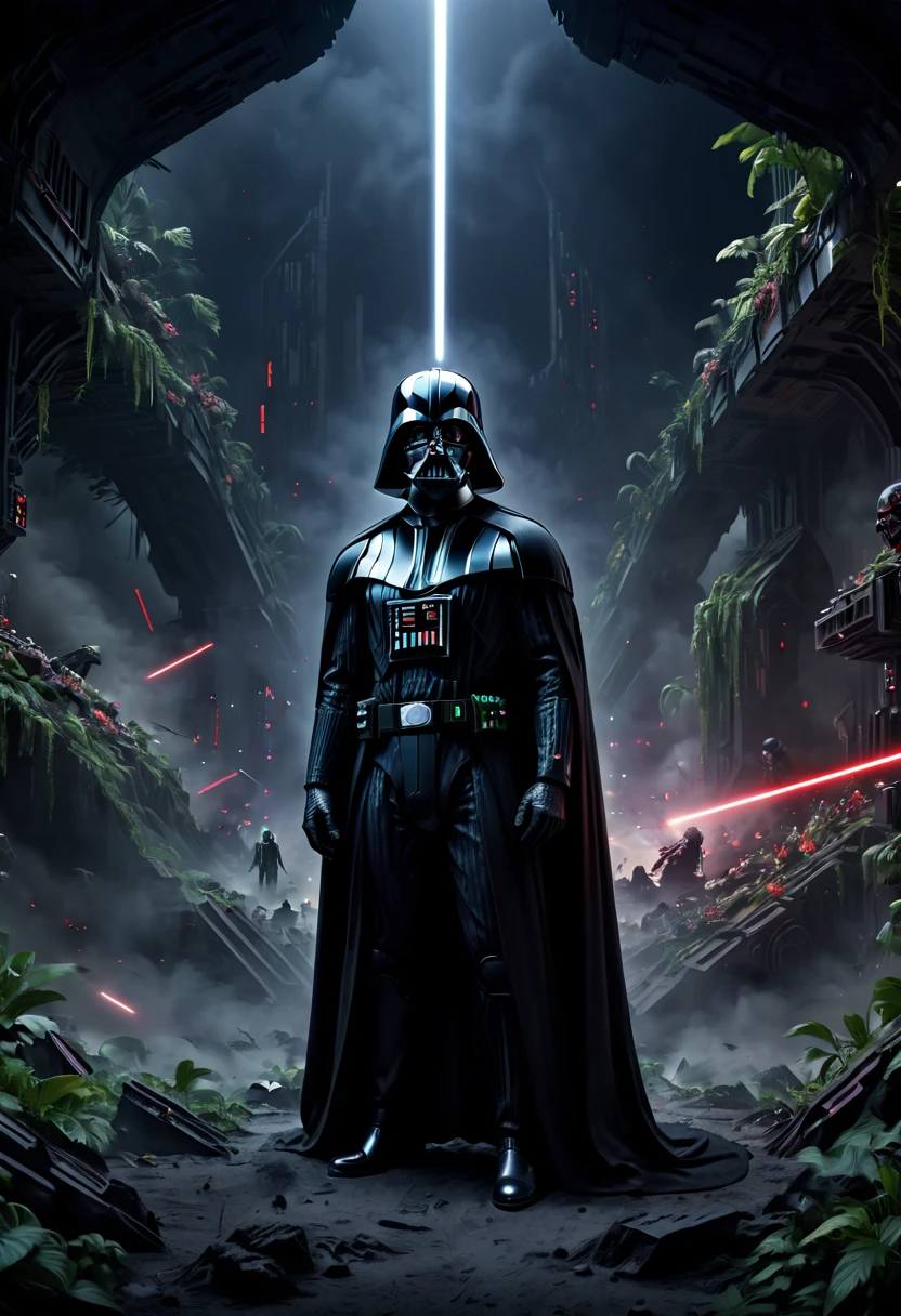 Darth Vader blends into the dark night background, with characters hidden in the environment. The characters blend into the environment and cannot be distinguished, enhance, intricate, (best quality, masterpiece, Representative work, official art, Professional, 8k)
