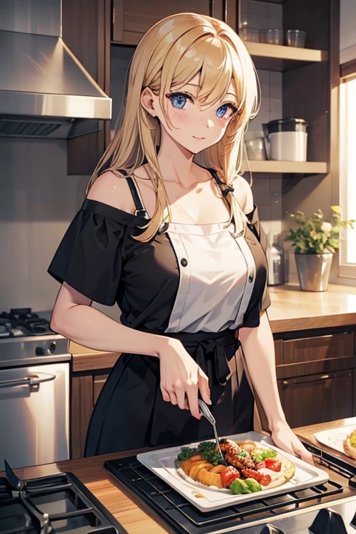 (dynamic angle:1.3, front view:1.1, breast focus:1.3, from above:1.1), (dynamic posing:1.2, sexy posing:1.2), (seductive smiling:1.3), ((looking at cake,Taking a cake out of the golden oven, worried about the outcome:1.2)),highest quality、(real、photorealistic:1.4),(ultra high resolution, 8K RAW photo, clear focus), best qualtiy, natural lighting, field depth, (Bright pupils, detailed beautiful eyes, high detailed face), Red lip, (tight focus:1.2), a girl 22yo old, Wearing a pastry chef uniform:1.3 , Thicc, thin breast, long hair, blue eyes,garter stocking, cleavage:1.2, midriff, black shorts, black thighhighs, thigh strap, pretty girl, (highly detailed beautiful face and eyes,firm breasts),real skin,((black,hair,long pony tail hair)),thin pubic hair,cute,lovely, detailed eyes,(double breasted:1.0,under bust:1.0),(with sparkling eyes and a contagious smile),open mouth, Looking at Viewer,A scene of cooking in the kitchen,looking at the golden oven