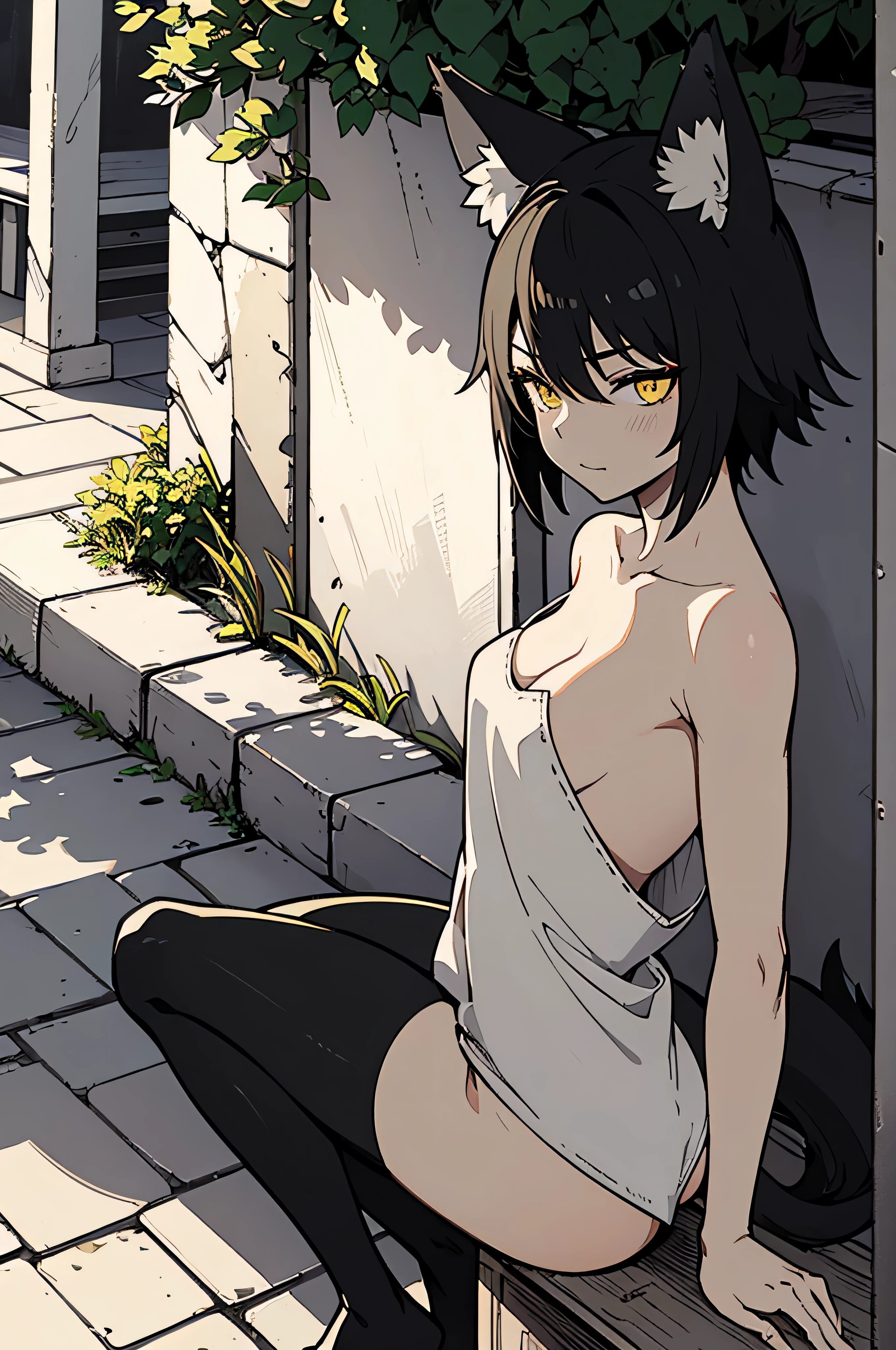 naked, yellow eyes, short black hair, wolf ears, wolf tail, satisfied expression, outdoors, natural pose, looking away