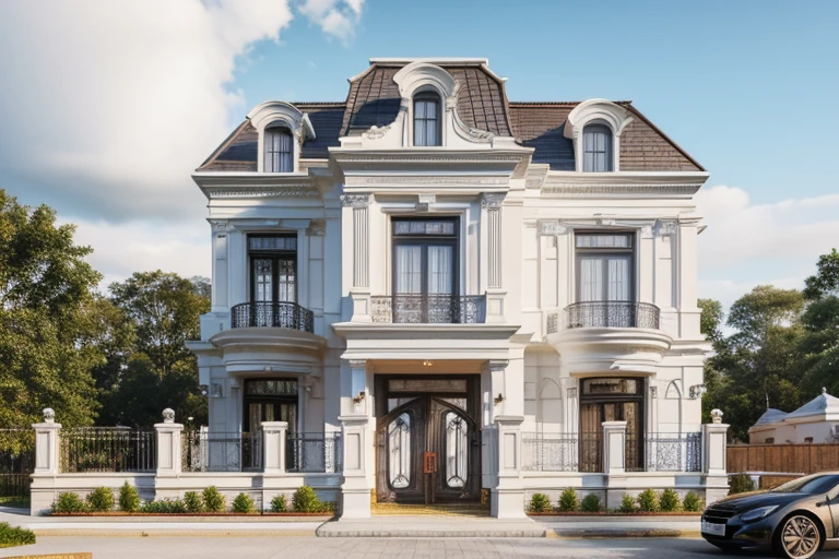 Townhouse, street, car running in front of the house Neoclassical style, masterpiece, surreal, rendered by Vray 2023, Vantage, rendered 8k, 16k, ultra HD, glass railing, 4-panel wooden ground floor door. Light Natural, cloudy, daytime --ar 16K
