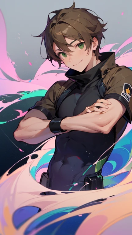 masterpiece, 最high quality, high quality, man 1、30 years old,alone, male focus, Upper body、Cheerful smile, 最high qualityの描写の瞳、athletic body、tall、short stylish hairstyle、brown hair, deep green eyes, Future-oriented techwear、stylish sneakers、abstract background