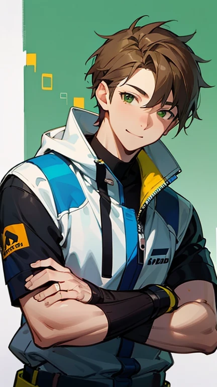 masterpiece, 最high quality, high quality, man 1、30 years old,alone, male focus, Upper body、Cheerful smile, 最high qualityの描写の瞳、athletic body、tall、short stylish hairstyle、brown hair, deep green eyes, Future-oriented techwear、stylish sneakers、abstract background