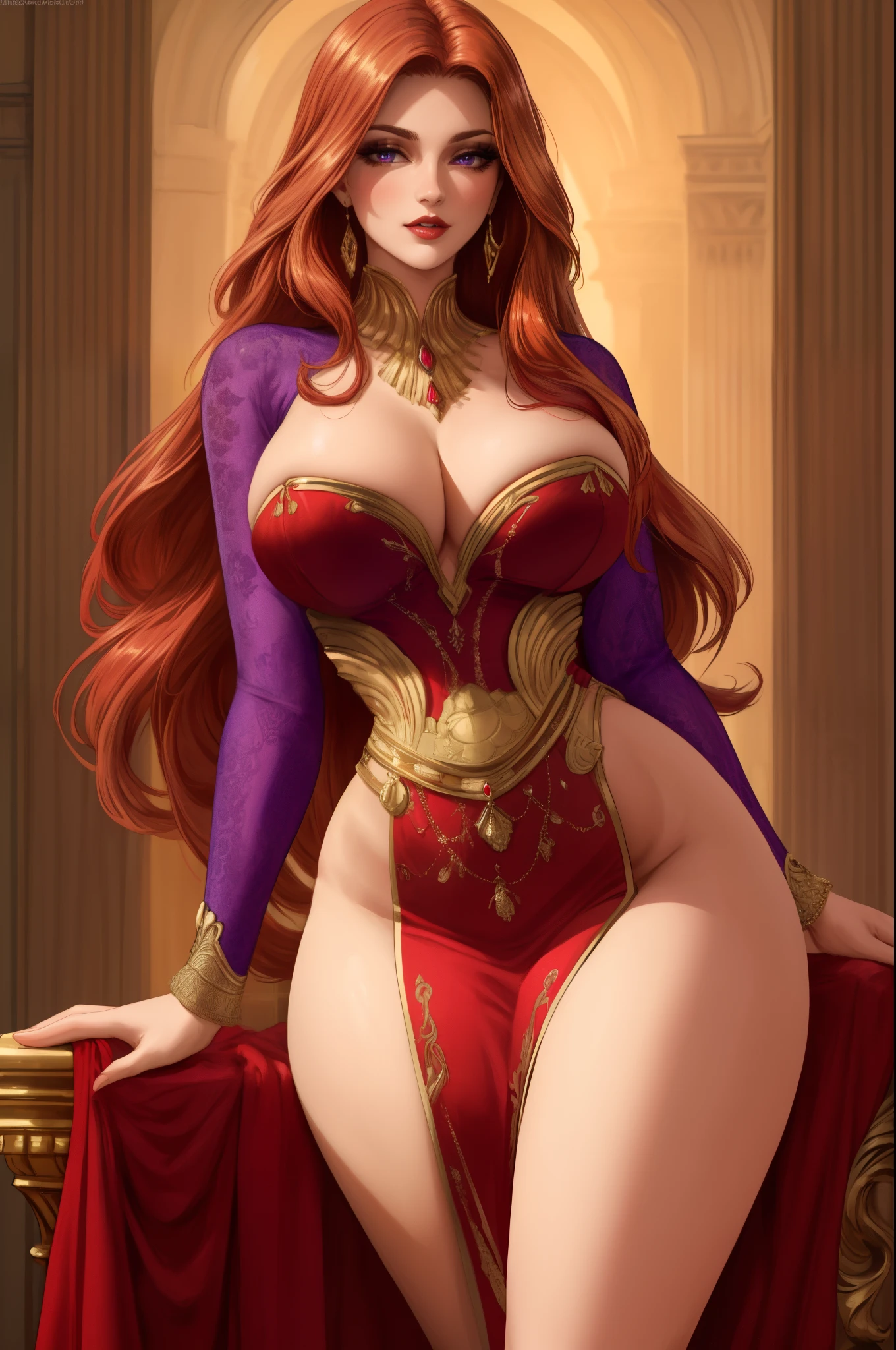 (best quality,4k,8k,highres,masterpiece:1.2),ultra-detailed,realistic, sexy woman, beautiful detailed eyes, beautiful detailed red  lips, elegant purple dress, long flowing golden hair, hourglass figure, graceful pose, soft lighting, glamorous ambiance, fine art, vibrant colors