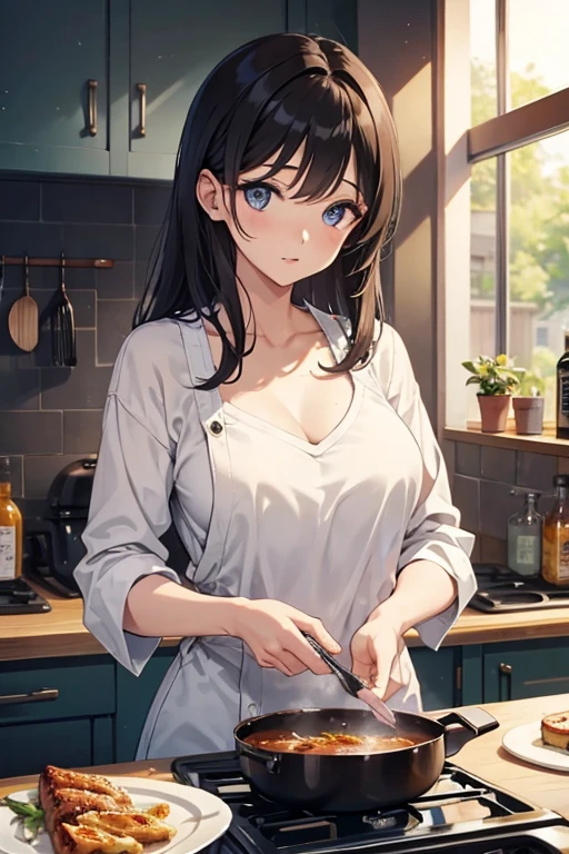 1girl in、A smile、Cooking in your room、barechested、Wearing only an apron、（（small tits））、