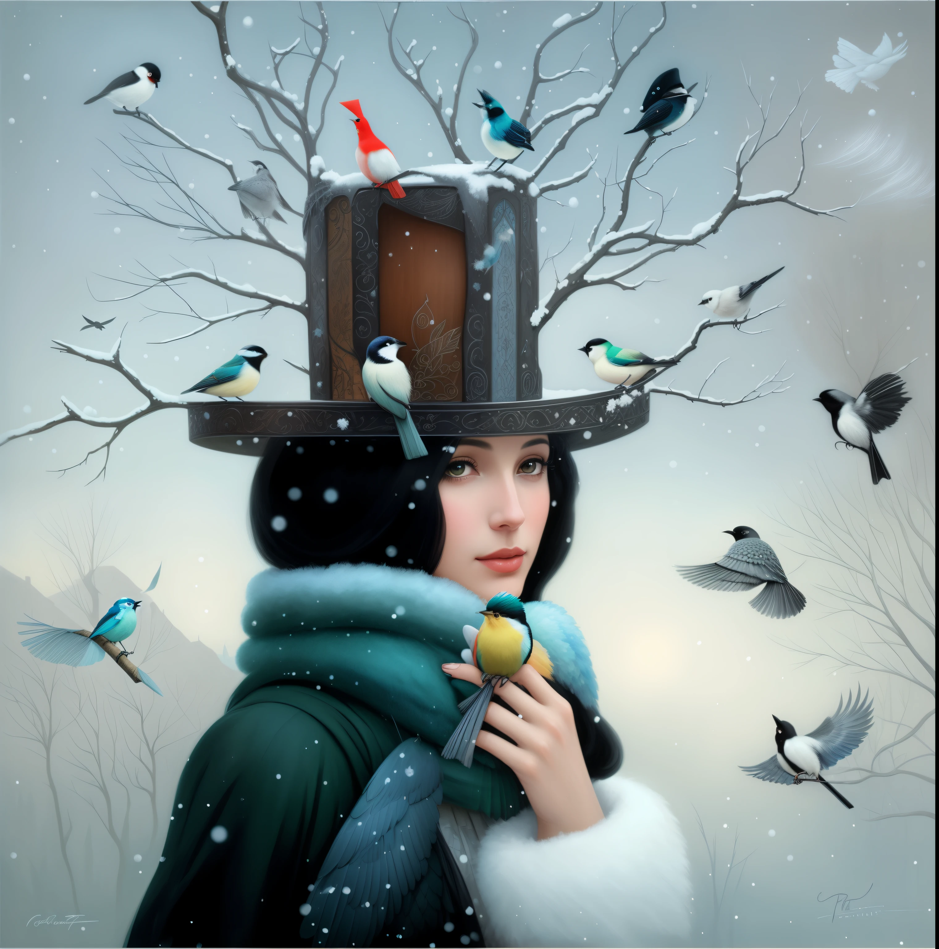 painting of a woman with a hat and a bird on her head, there are birds on her head, allegory of winter, surreal art, girl with a birdcage on her head, emotional surrealist art, breathtaking art, magical realism bizarre art, surreal and fantasy art, whimsical surrealism, trending artistic art, by Galen Dara, tom bagshaw style