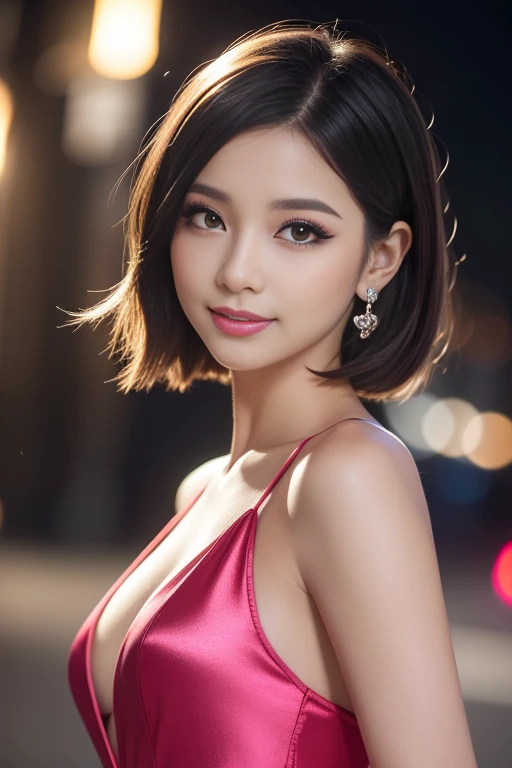 female idol、shiny lip gloss、smiling face、smoky eyeshadow、winged eyeliner、((dramatic lashes))、female silk dress、colorful short hair(neon fuchsia)、flowers in the hair、conceptual art, High quality, Realistic, extremely detailed CG unified 8k wallpaper, highly detailed, High-definition raw color photos, professional photography, Cinematic Light, Beautiful detailed, Super Detail, high detail, (((Bokeh))), depth of fields, illumination, City Street, Super stylish lighting