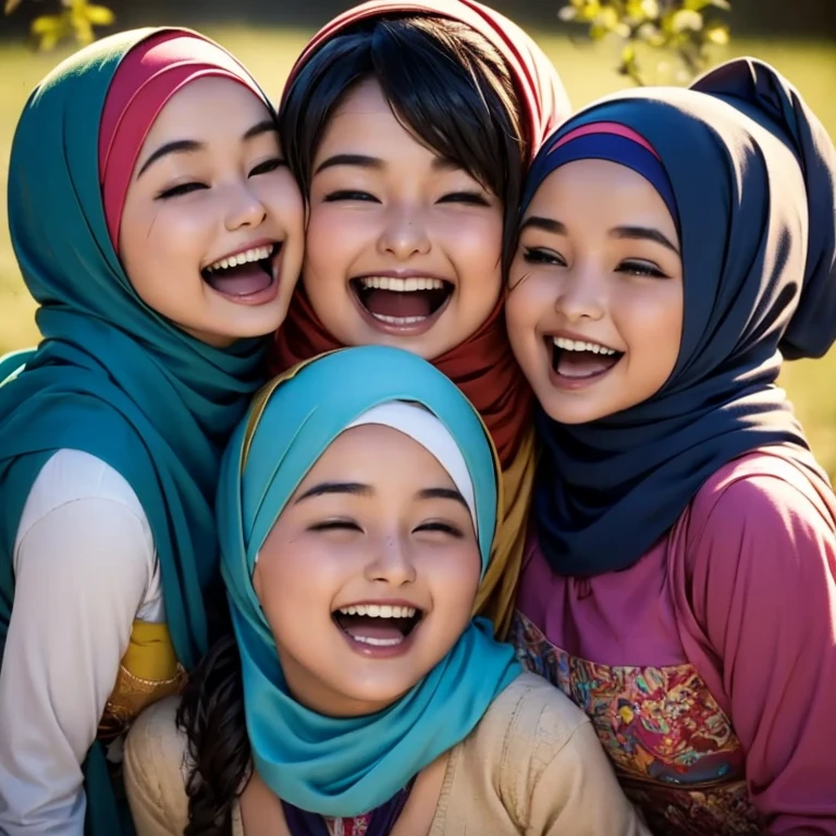 "Generate an image featuring a joyful group of young women, aged 20-25, wearing hijabs and laughing together in a vibrant and positive setting."