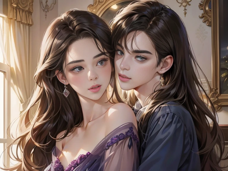 "(best quality,4k,8k,highres,masterpiece:1.2),ultra-detailed,(realistic,photorealistic,photo-realistic:1.37),romantic,portrait,beautiful detailed eyes,beautiful detailed lips,extremely detailed eyes and face,longeyelashes,1girl,1boy,long brown bang hair, brown eyes, black hair, blue eyes,romance, dancing, face to face, elegant long purple dress,vivid colors,soft lighting, ballroom background"