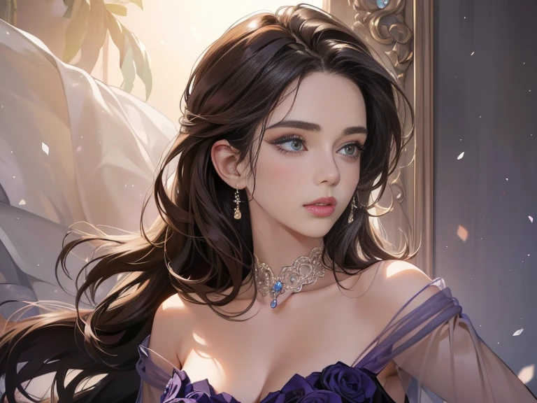 "(best quality,4k,8k,highres,masterpiece:1.2),ultra-detailed,(realistic,photorealistic,photo-realistic:1.37),romantic,portrait,beautiful detailed eyes,beautiful detailed lips,extremely detailed eyes and face,longeyelashes,1girl,1boy,long brown bang hair, brown eyes, black hair, blue eyes,romance, dancing, face to face, elegant long purple dress,vivid colors,soft lighting, ballroom background"