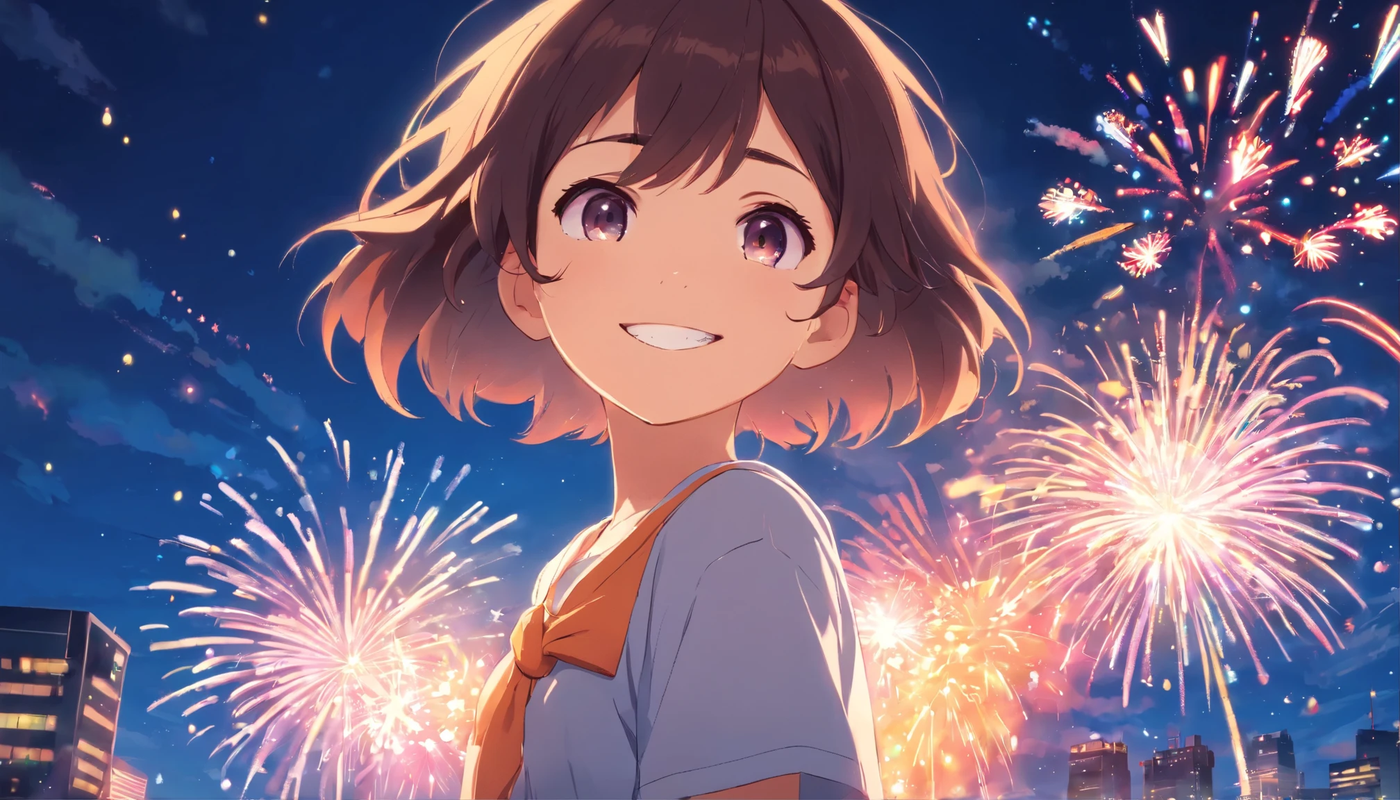 high contrast colors、4K high definition quality、年轻、A smile、daili、A young girl transformed into an anime style with an exaggerated innocent smile. Stand together with cute creature, firework, glitter