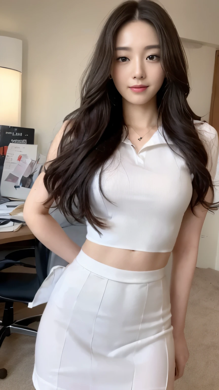 ((top-quality、8k、​masterpiece:1.3))、Beautiful woman with perfect body:1.4、slim abdomen:1.2、Longhair, normal breast, Highly detailed facial and skin texture, A detailed eye, (smile), (full body shot), ((office)), (standing), (((wearing white uniform)), looking in front,