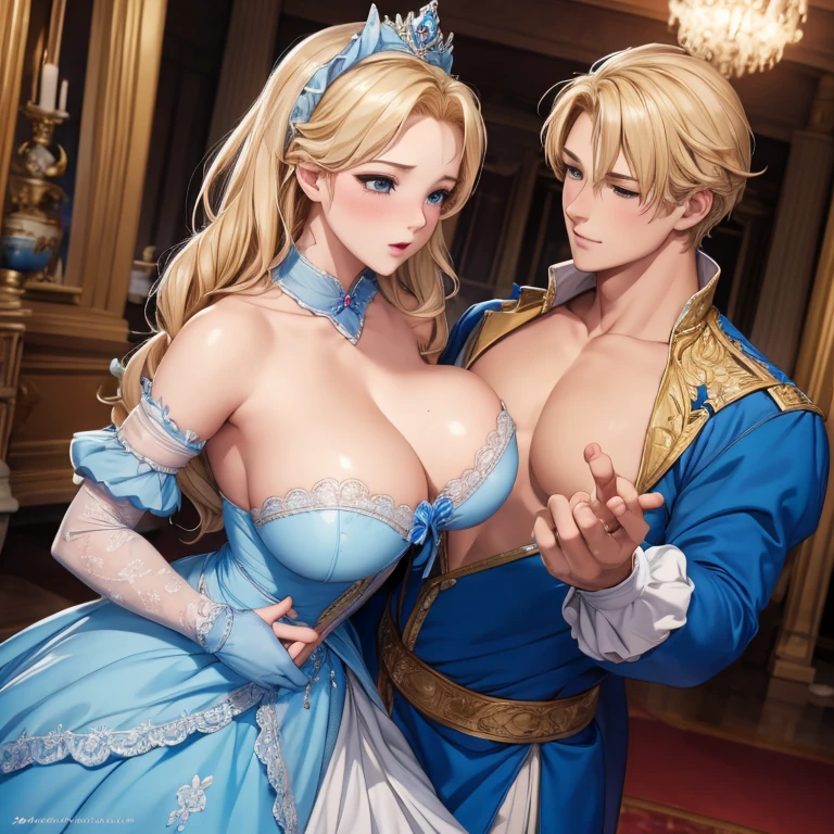 Blushing handsome prince with blond hair grabs Cinderella by her bare breasts, Cinderella in front of the prince, his palms on her chest, Cinderella in front of the prince, beautiful nipples, shy, Virgin, sexual arousal before sex, In the palace