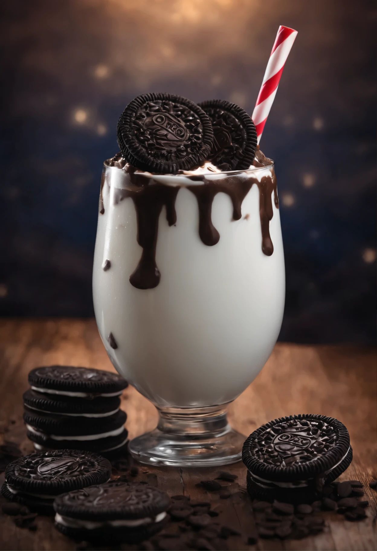 Oreo milkshake drink full of Oreos, dripping, looks cold, has a straw, looks delicious , 8k, high detail