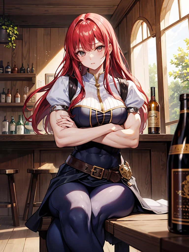 （（（masterpiece、Highest image quality、highest quality、highly detailed unity 8ｋwallpaper）））、（（（Illustration of one girl、beautiful girl）））、（adventurer）、（（（neutral）））、（（red hair、long hair、golden eyes））、（（tall））、（（（muscular and strong body、muscle girl、muscle、stocky build、thickset physique、muscular legs、muscular arms、broad shoulders、solid chest）））、（（（manspreading、sitting in a chair）））、（（（Clothing in the style of the Middle Ages、adventurer風の服、adventurer風の装備）））、（Medieval tavern、Liquor bottle on the table）