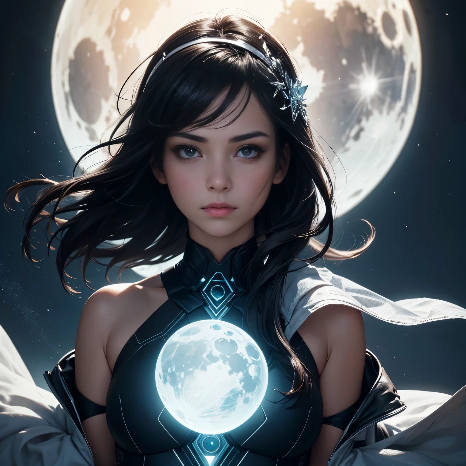 a realistic photography of guardian, , beautiful woman with the moon symbol in the background in a (((transparent:: translucent:: fluorescent:: luminescent))) crescent moon symbolic, guardian ornament as her headband, front view body focus, cold color palette, muted colors, detailed, 8k, cinematic, dramatic colors, close-up, smooth skin, cold color palette, muted colors, detailed, cinematic, dramatic colors, close-up, smooth skin, full hd, ultra detailed, high quality, hd, highly detailed, high resolution, hyperrealistic, high-definition, 8k, super realism, 4k, ray tracing, unreal engine 5, photorealistic, high contrast, 8k HD, detailed, hyper-detailed, realistic texture, best quality, ultra high res, raw photo